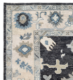 Hand Knotted Oushak Rug 8x10, Charcoal Black Vintage Turkish Wool Rug, Ivory Border Floral Handmade Carpet, Luxury Area Rug Custom