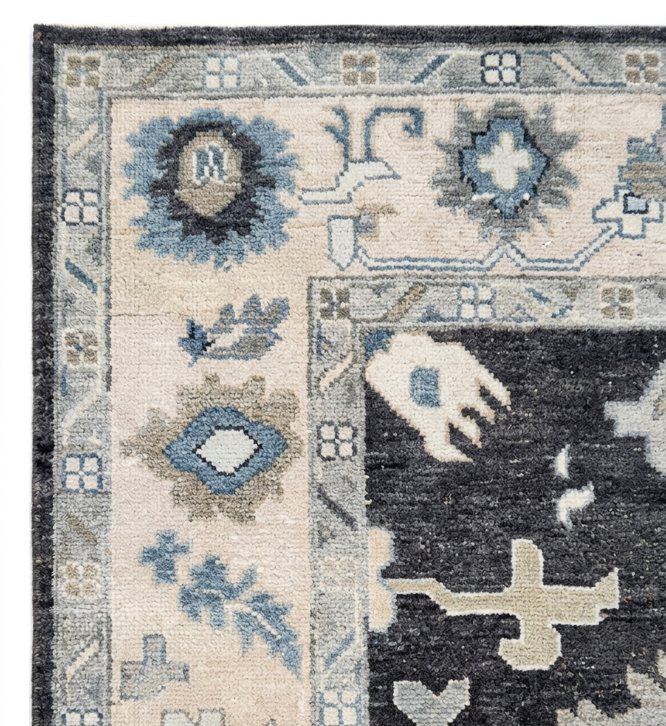 Hand Knotted Oushak Rug 8x10, Charcoal Black Vintage Turkish Wool Rug, Ivory Border Floral Handmade Carpet, Luxury Area Rug Custom