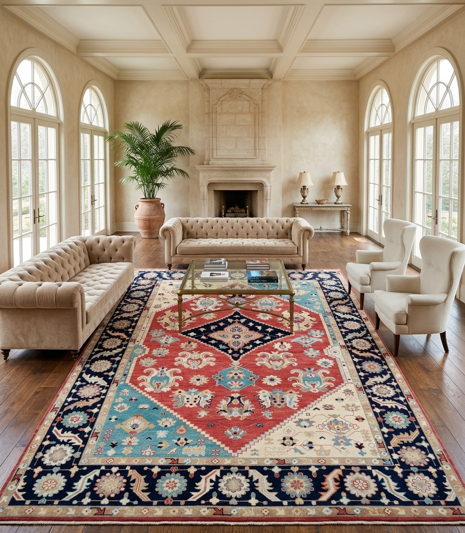 Hand Knotted Oushak Rug, Red Navy Blue Wool Oriental Carpet, Floral Medallion Area Rug