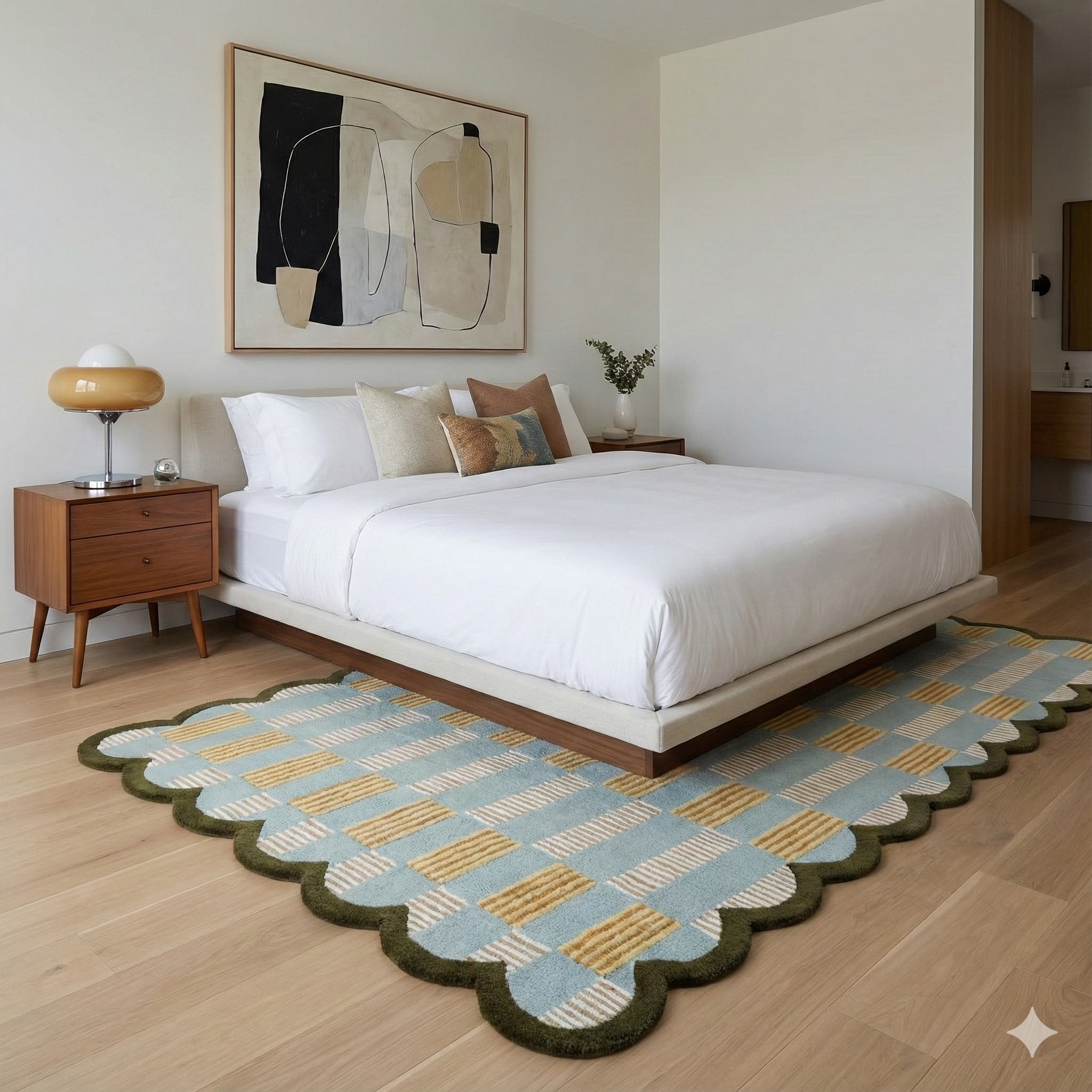 Scallop Check Hand-Tufted Wool Rug – Sky Blue & Mustard Pattern