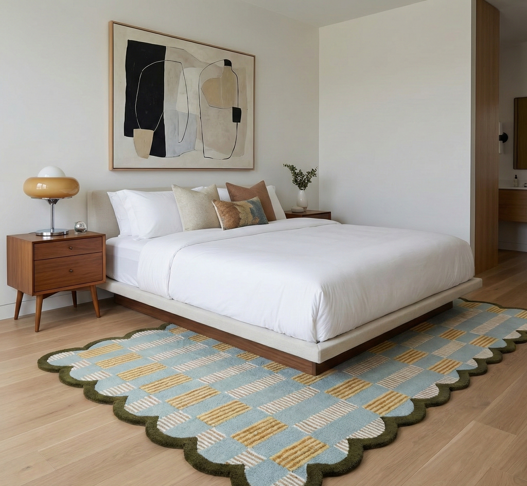 Scallop Check Hand-Tufted Wool Rug – Sky Blue & Mustard Pattern