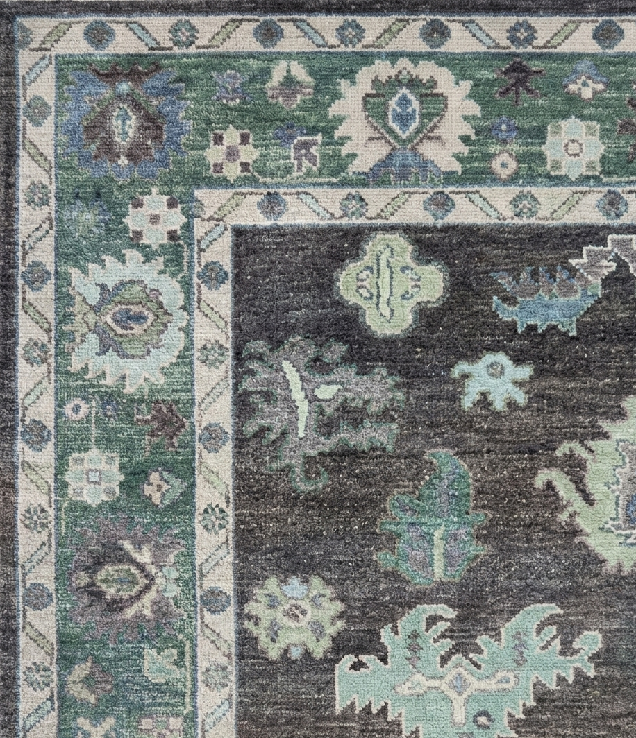Hand Knotted Oushak Rug – Vintage Turkish Wool Carpet, Soft Green & Charcoal Medallion Design