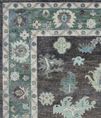 Hand Knotted Oushak Rug – Vintage Turkish Wool Carpet, Soft Green & Charcoal Medallion Design