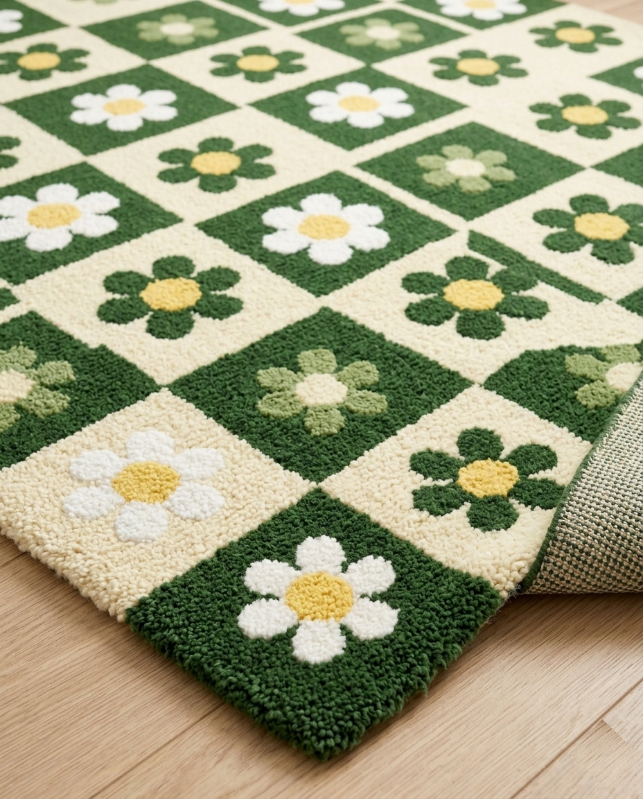 Retro Daisy Checkerboard Hand Tufted Rug – Green & Cream Floral Pattern | Modern Aesthetic Area Rug for Living Room Bedroom