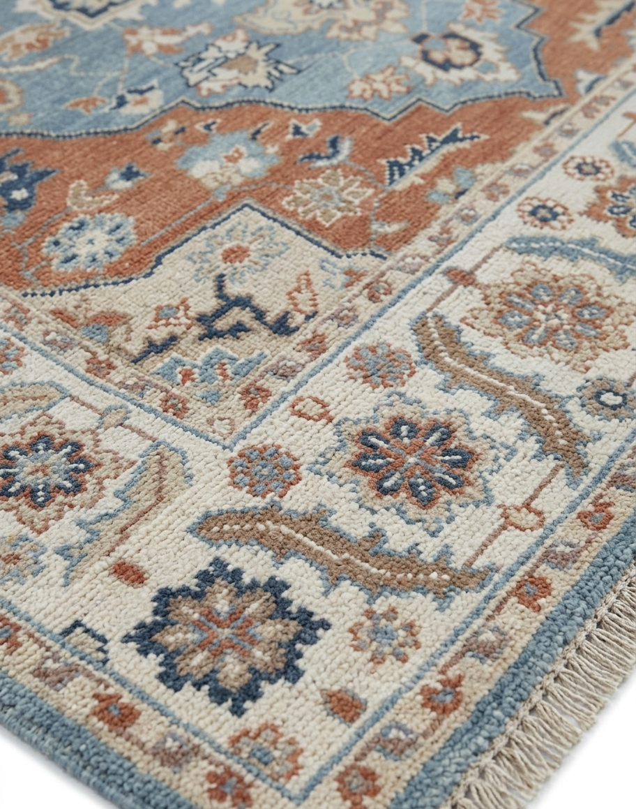 Hand Knotted Wool Oushak Rug, Red Blue Medallion Oriental Area Rug 8x10