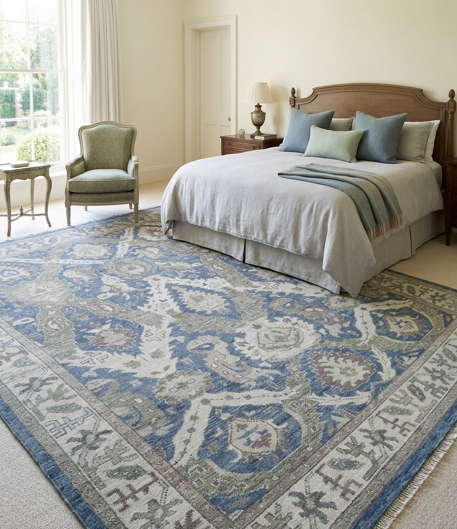 Blue Ivory Vintage Style Area Rug, Hand Knotted Wool Rug, Traditional Floral Carpet, 8x10 Living Room Rug, Custom Size Available