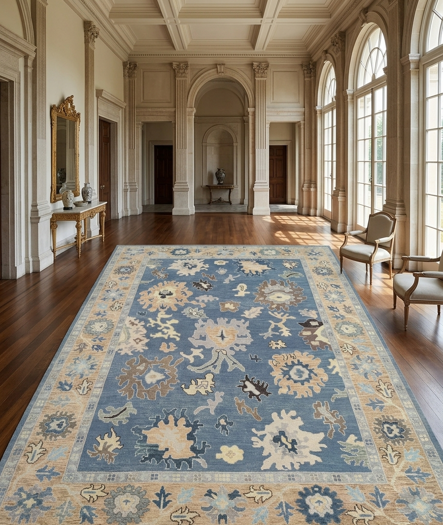 Hand Knotted Oushak Rug 8x10, Blue Field Beige Border Vintage Turkish Wool Rug, Floral Handmade Carpet, Luxury Area Rug Custom