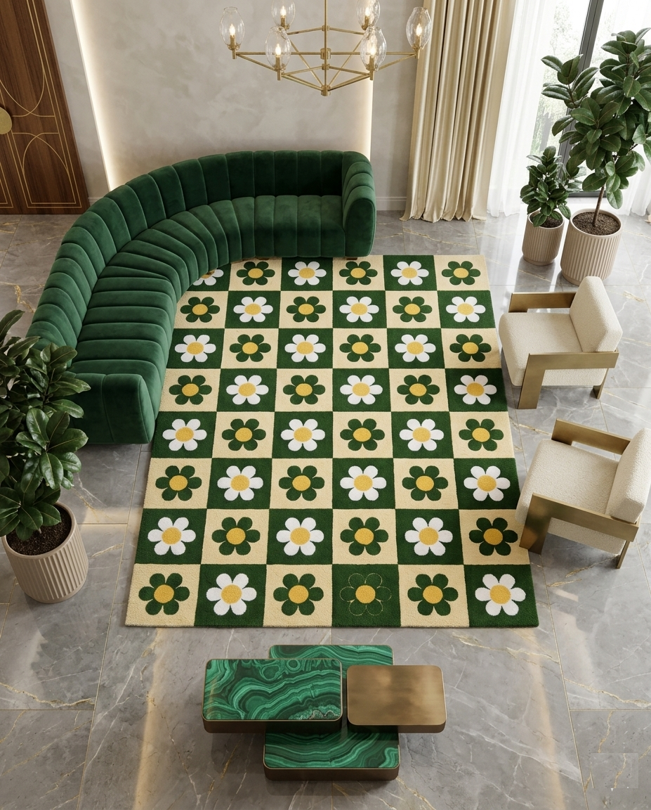 Retro Daisy Checkerboard Hand Tufted Rug – Green & Cream Floral Pattern | Modern Aesthetic Area Rug for Living Room Bedroom