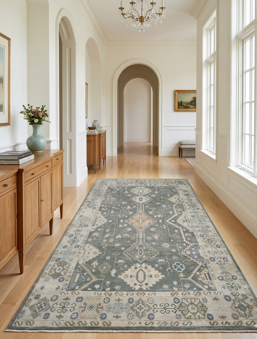 Hand Knotted Oushak Rug 8x10, Grey Vintage Turkish Wool Rug, Ivory Border Geometric Floral Carpet, Handmade Luxury Area Rug Custom