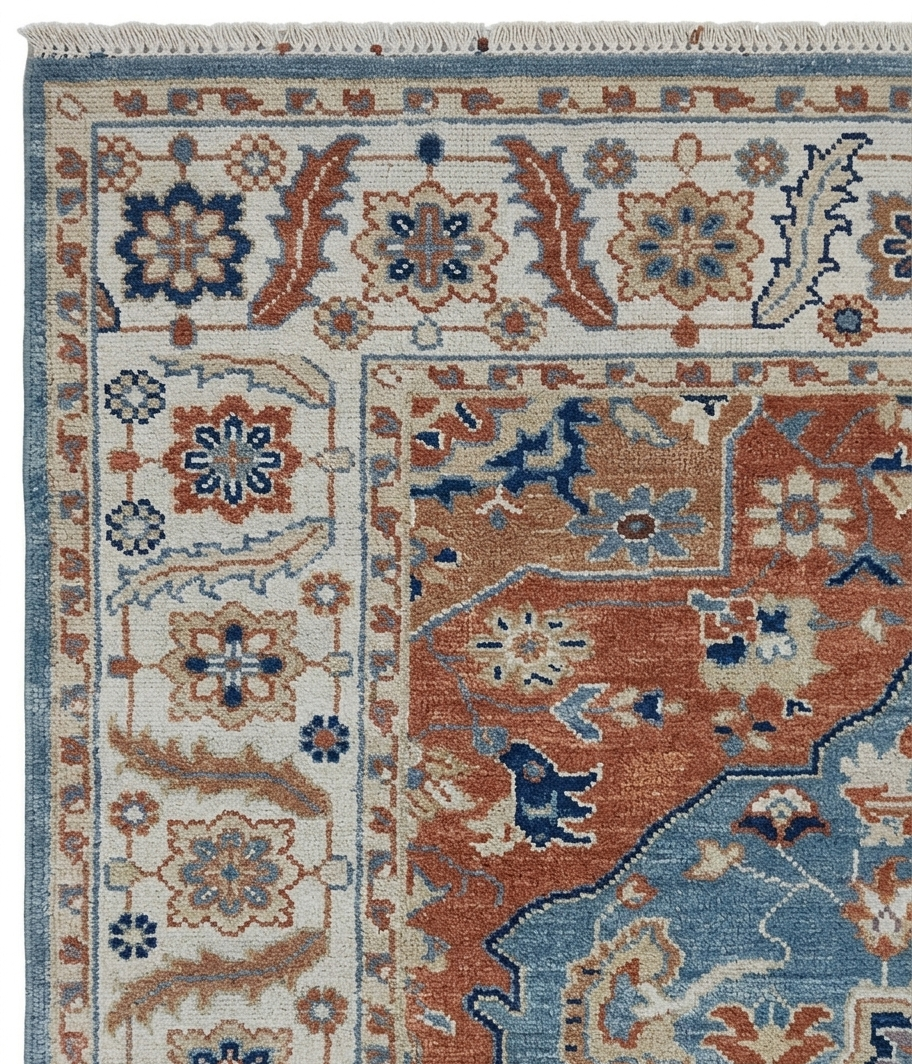 Hand Knotted Wool Oushak Rug, Red Blue Medallion Oriental Area Rug 8x10