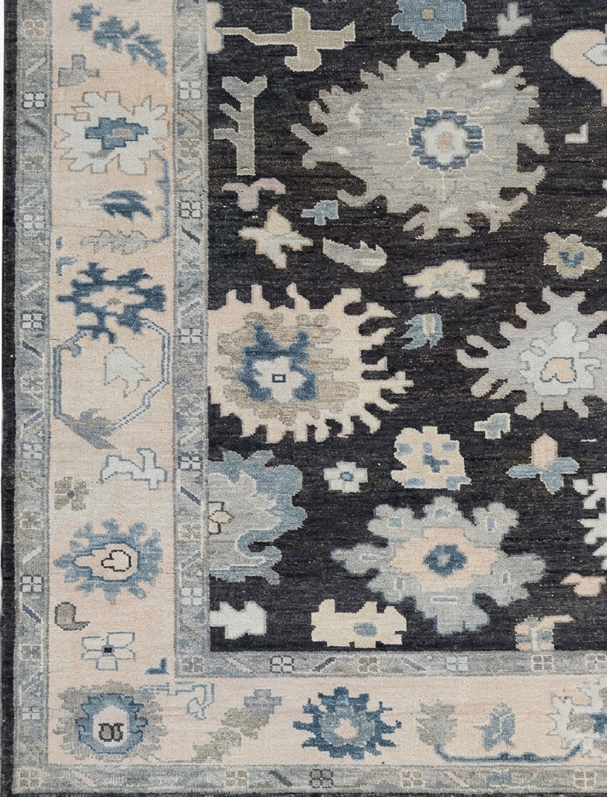 Hand Knotted Oushak Rug 8x10, Charcoal Black Vintage Turkish Wool Rug, Ivory Border Floral Handmade Carpet, Luxury Area Rug Custom