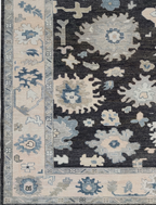Hand Knotted Oushak Rug 8x10, Charcoal Black Vintage Turkish Wool Rug, Ivory Border Floral Handmade Carpet, Luxury Area Rug Custom
