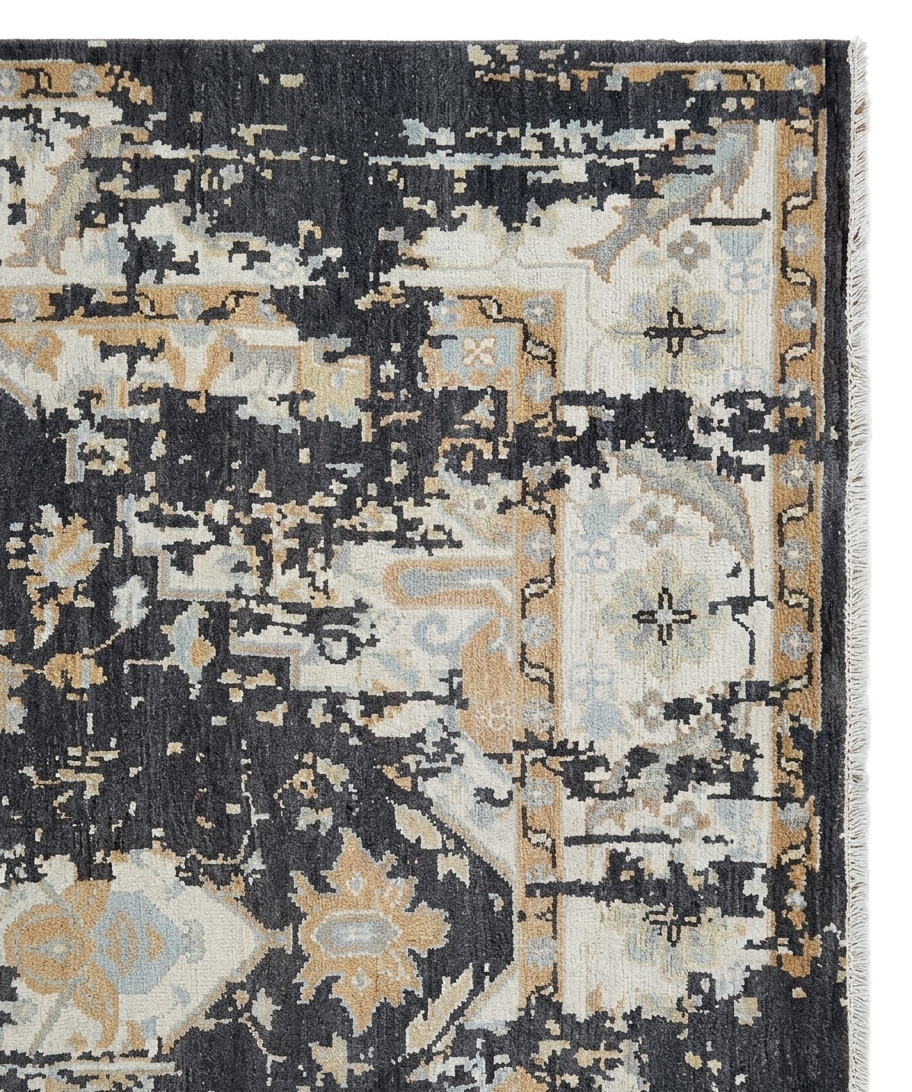 Vintage Distressed Turkish Style Wool Carpet, Beige Ivory Charcoal Black Antique Look Area Rug for Living Room, Bedroom hand knotted rug