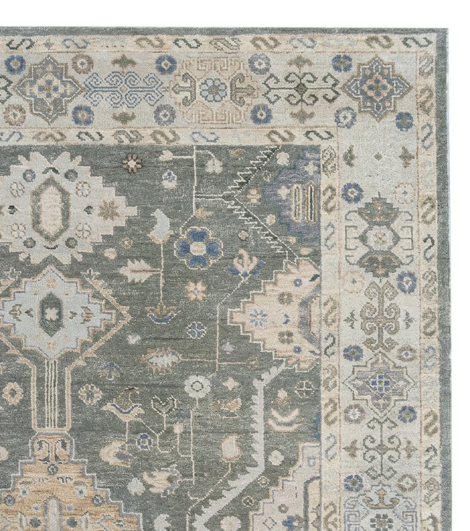 Hand Knotted Oushak Rug 8x10, Grey Vintage Turkish Wool Rug, Ivory Border Geometric Floral Carpet, Handmade Luxury Area Rug Custom