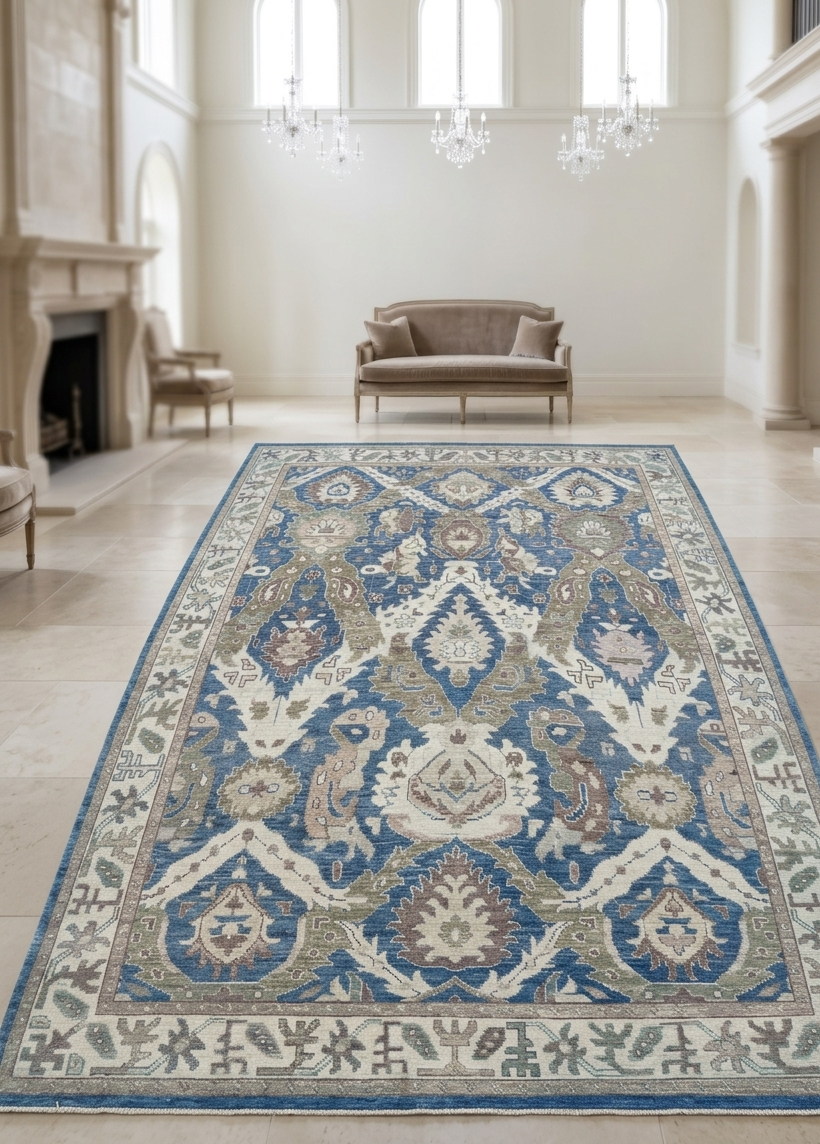 Blue Ivory Vintage Style Area Rug, Hand Knotted Wool Rug, Traditional Floral Carpet, 8x10 Living Room Rug, Custom Size Available