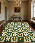 Retro Daisy Checkerboard Hand Tufted Rug – Green & Cream Floral Pattern | Modern Aesthetic Area Rug for Living Room Bedroom