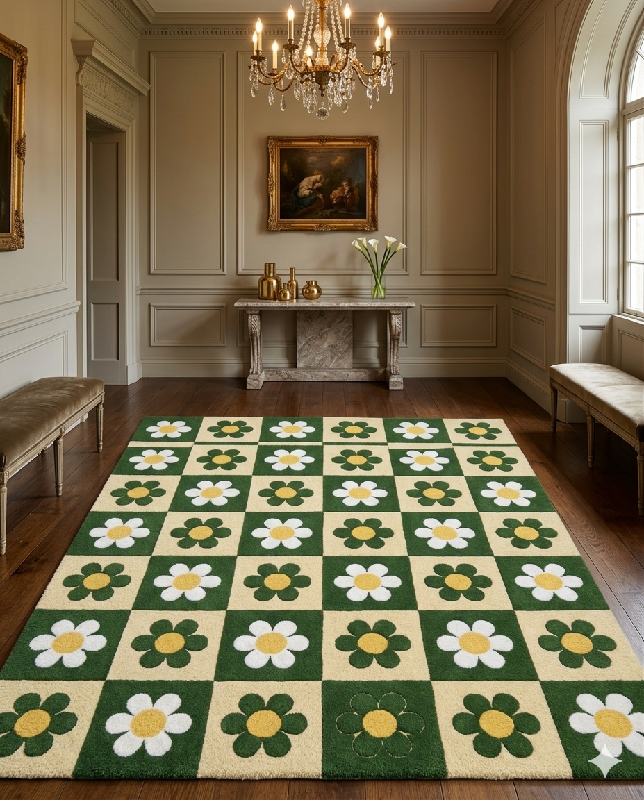 Retro Daisy Checkerboard Hand Tufted Rug – Green & Cream Floral Pattern | Modern Aesthetic Area Rug for Living Room Bedroom