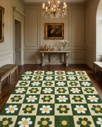 Retro Daisy Checkerboard Hand Tufted Rug – Green & Cream Floral Pattern | Modern Aesthetic Area Rug for Living Room Bedroom