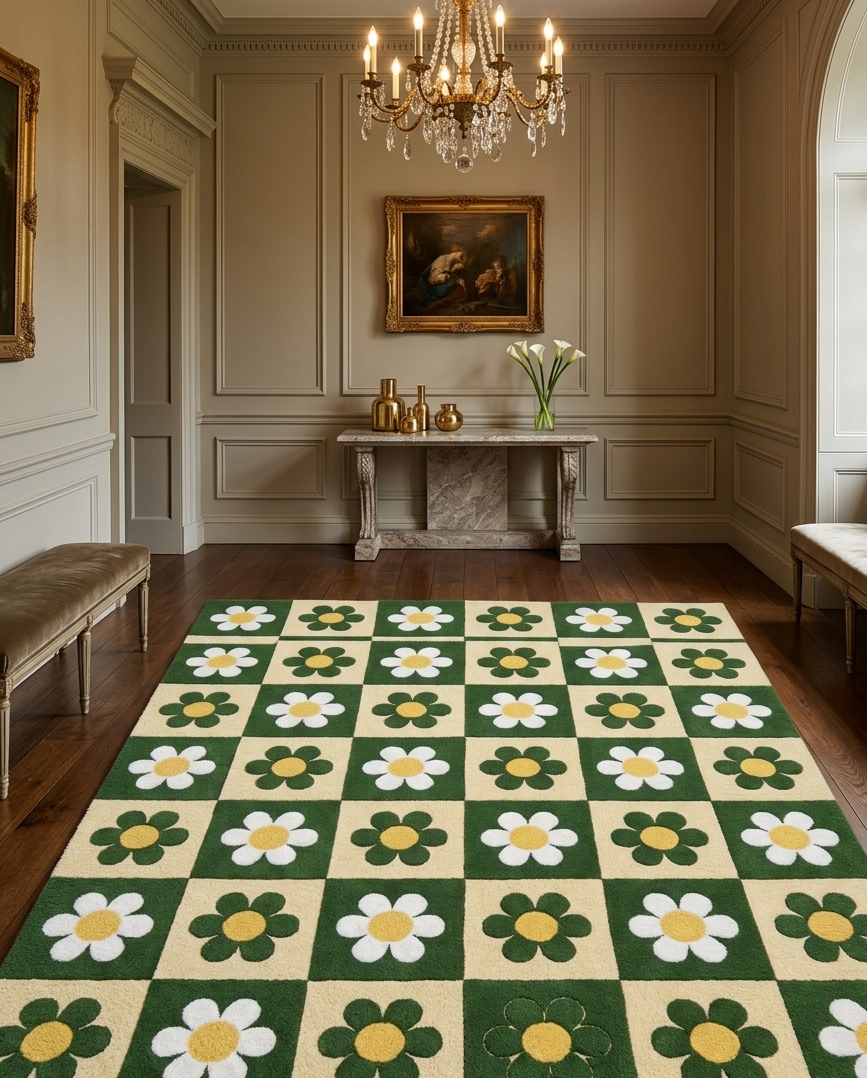 Retro Daisy Checkerboard Hand Tufted Rug – Green & Cream Floral Pattern | Modern Aesthetic Area Rug for Living Room Bedroom