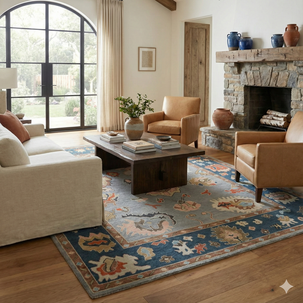 Hand-Knotted Oushak Wool Rug - Slate Gray with Navy & Terracotta Accents | Artisan Turkish Carpet by Rug Regalia