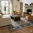 Hand-Knotted Oushak Wool Rug - Slate Gray with Navy & Terracotta Accents | Artisan Turkish Carpet by Rug Regalia