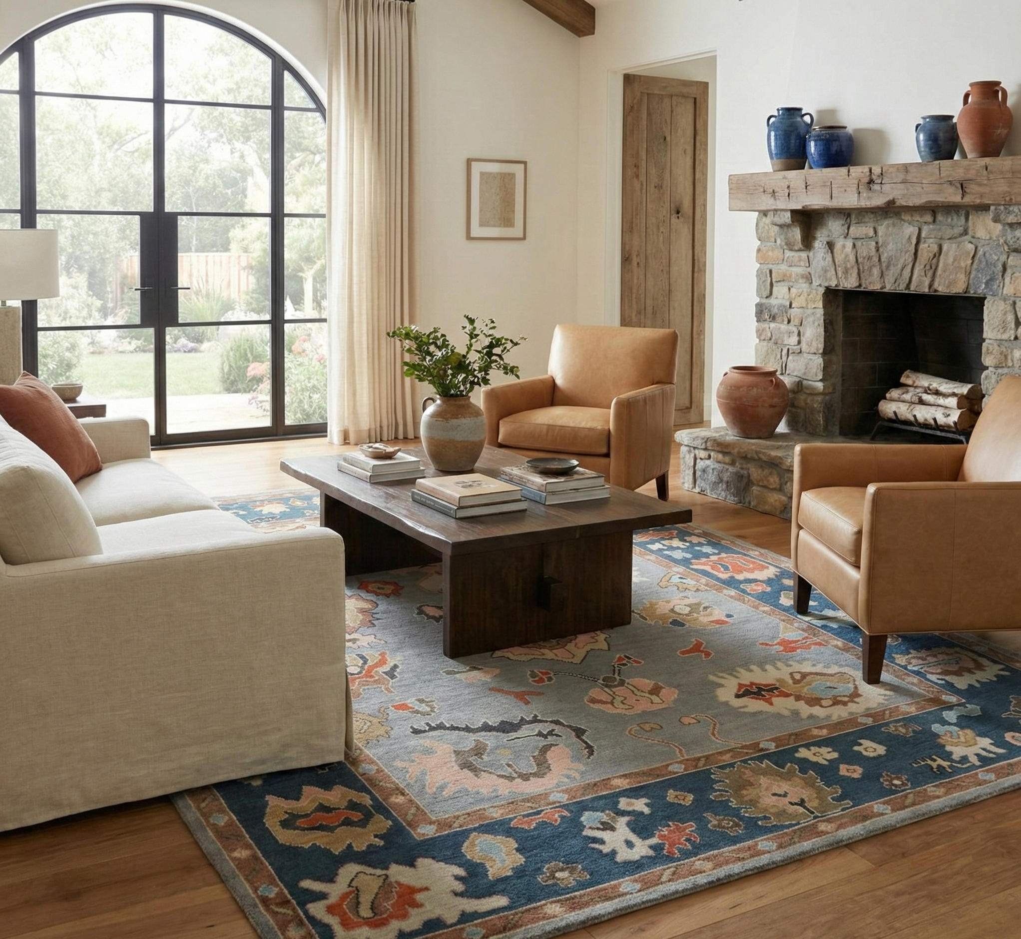 Hand-Knotted Oushak Wool Rug - Slate Gray with Navy & Terracotta Accents | Artisan Turkish Carpet by Rug Regalia