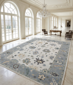 Hand Knotted Oushak Rug – Ivory & Soft Blue Turkish Wool Carpet, Vintage Geometric Medallion Handmade Area Rug for Living Room Bedroom