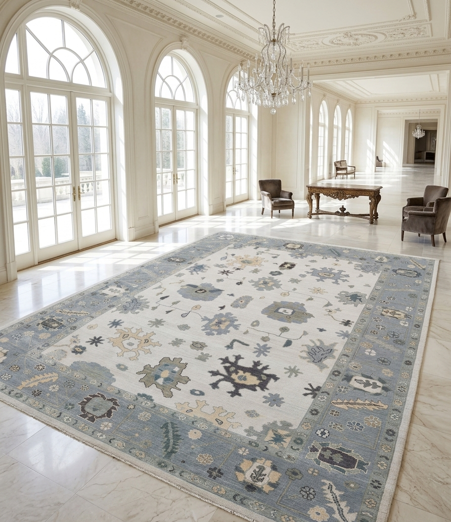 Hand Knotted Oushak Rug – Ivory & Soft Blue Turkish Wool Carpet, Vintage Geometric Medallion Handmade Area Rug for Living Room Bedroom