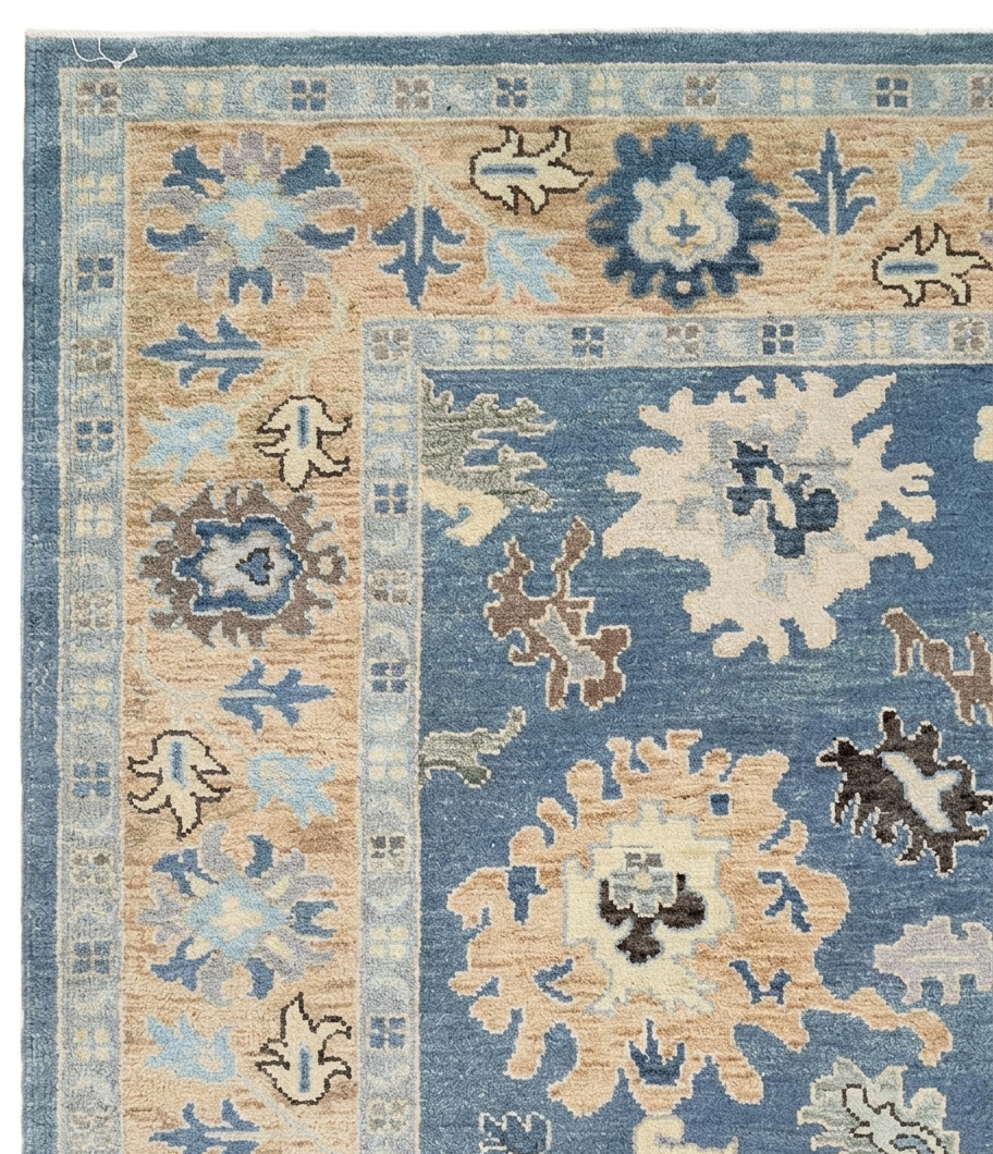 Hand Knotted Oushak Rug 8x10, Blue Field Beige Border Vintage Turkish Wool Rug, Floral Handmade Carpet, Luxury Area Rug Custom