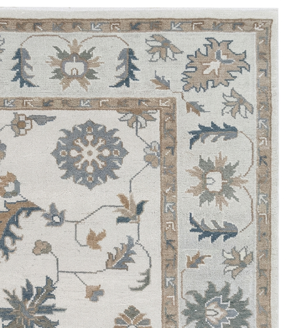 Hand Knotted Oushak Rug, Ivory Beige Turkish Wool Rug, Vintage Floral Oriental Carpet, Neutral Handmade Area Rug, Custom Size Rug Regalia