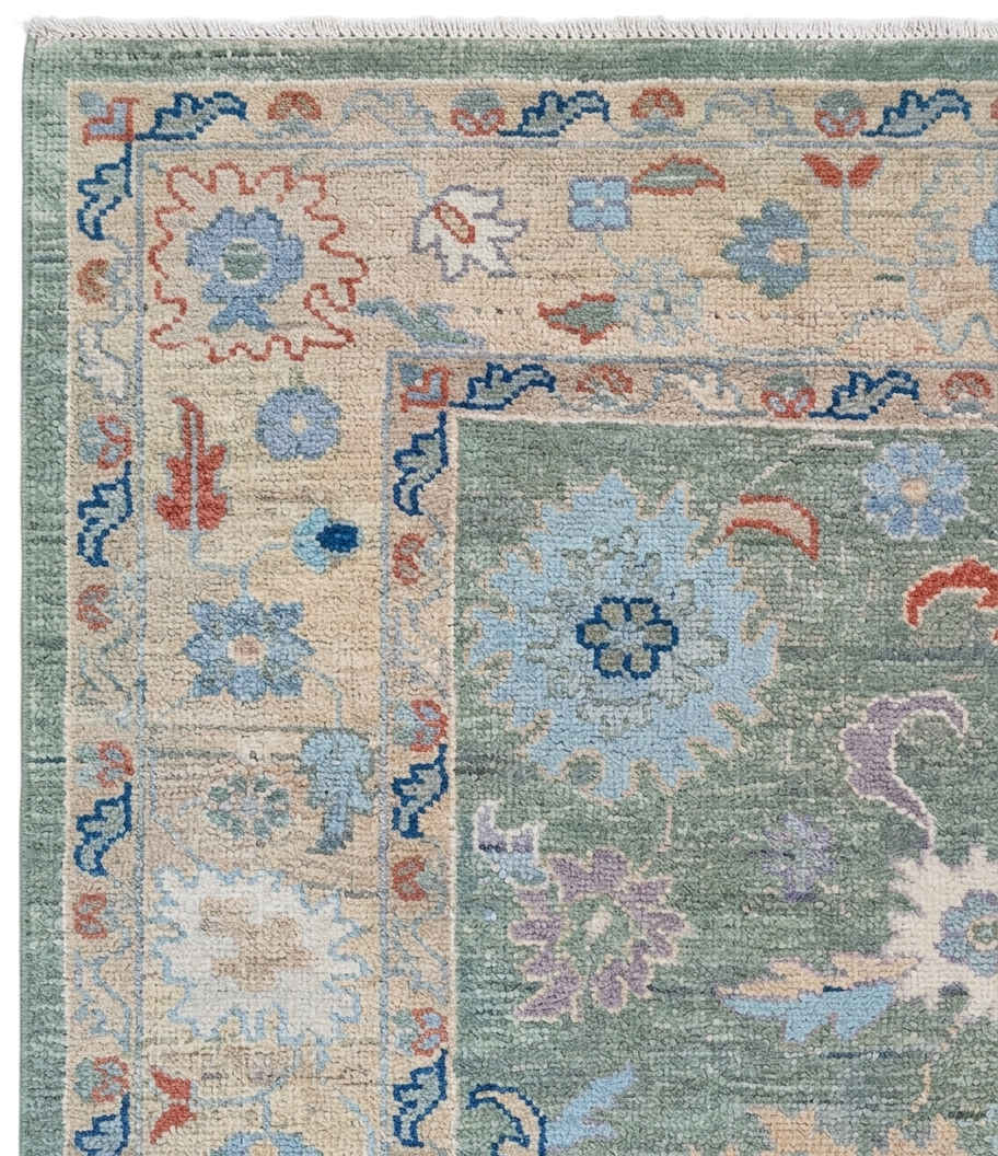 Hand Knotted Oushak Rug 9x12 Ft – Sage Green & Ivory Vintage Turkish Wool Carpet, Floral Medallion Area Rug for Living Room