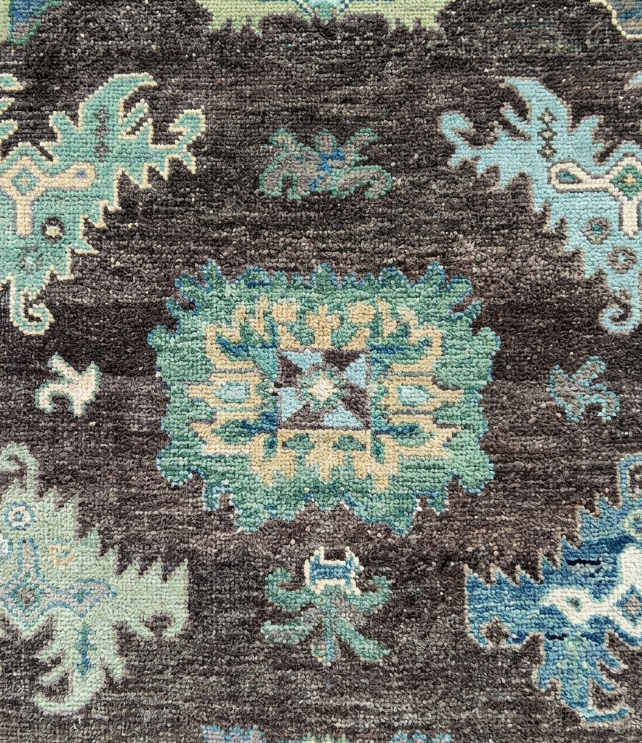 Hand Knotted Oushak Rug – Vintage Turkish Wool Carpet, Soft Green & Charcoal Medallion Design