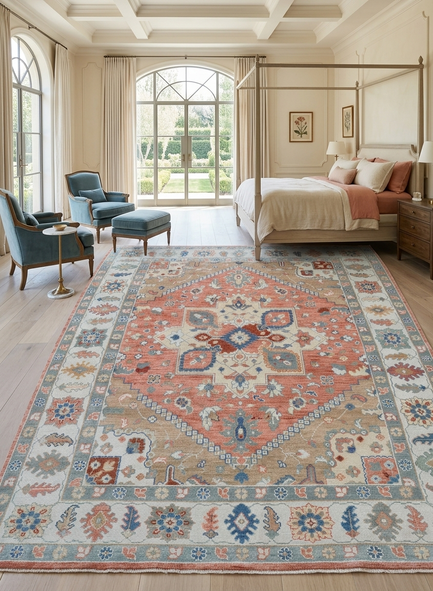 Hand Knotted Oushak Rug, Terracotta Coral & Beige Turkish Wool Rug, Vintage Medallion Oriental Carpet, Handmade Floral Area Rug, Custom Size