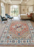 Hand Knotted Oushak Rug, Terracotta Coral & Beige Turkish Wool Rug, Vintage Medallion Oriental Carpet, Handmade Floral Area Rug, Custom Size