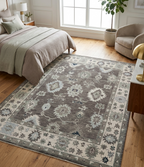 Hand Knotted Oushak Rug 9x12 Ft – Taupe Brown & Ivory Vintage Turkish Wool Carpet, Traditional Floral Medallion Area Rug