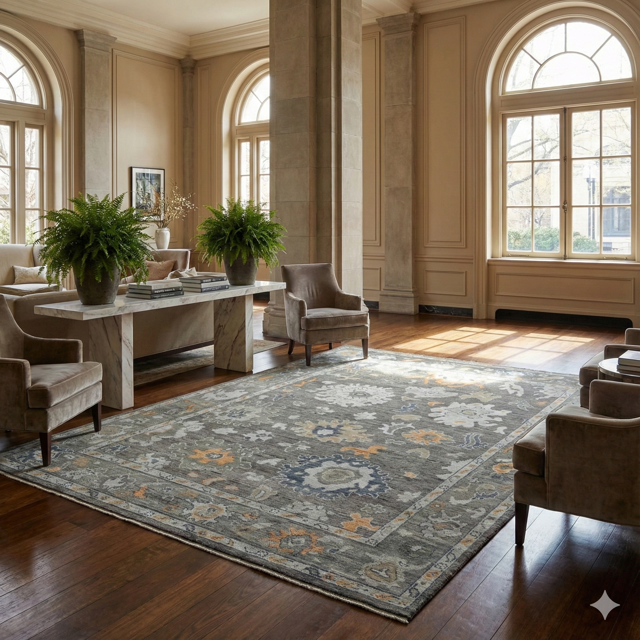 Hand-Knotted Oushak Wool Rug - Charcoal Gray with Gold & Blue Accents | Rug Regalia