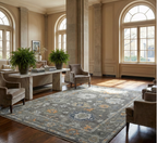 Hand-Knotted Oushak Wool Rug - Charcoal Gray with Gold & Blue Accents | Rug Regalia