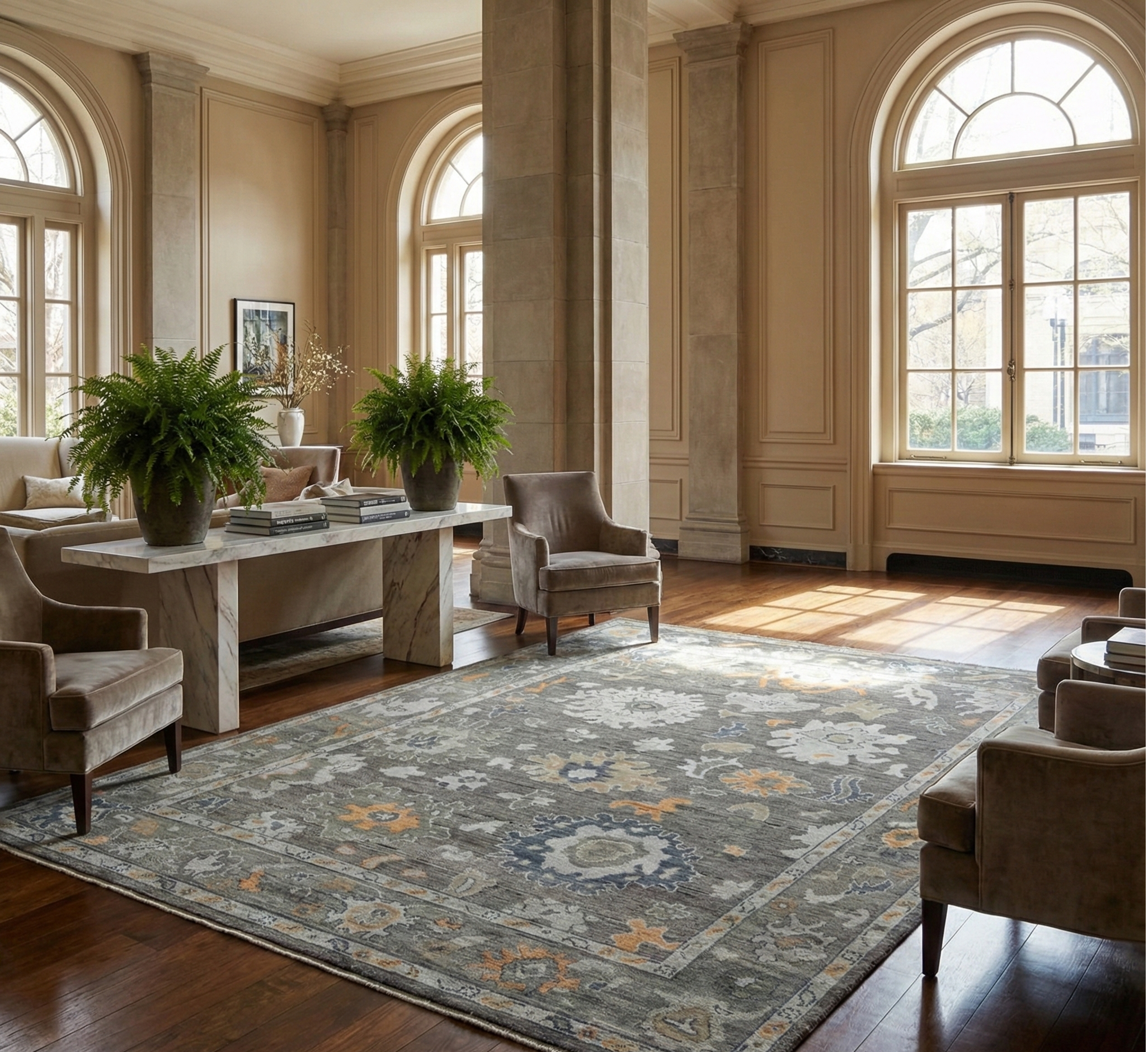 Hand-Knotted Oushak Wool Rug - Charcoal Gray with Gold & Blue Accents | Rug Regalia