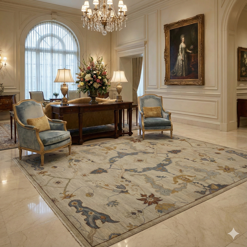 Hand-Knotted Oushak Wool Rug - Neutral Beige & Slate Blue Floral Design | Rug Regalia