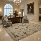 Hand-Knotted Oushak Wool Rug - Neutral Beige & Slate Blue Floral Design | Rug Regalia