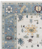 Hand Knotted Oushak Rug – Ivory & Soft Blue Turkish Wool Carpet, Vintage Geometric Medallion Handmade Area Rug for Living Room Bedroom