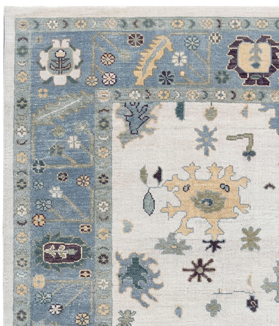 Hand Knotted Oushak Rug – Ivory & Soft Blue Turkish Wool Carpet, Vintage Geometric Medallion Handmade Area Rug for Living Room Bedroom
