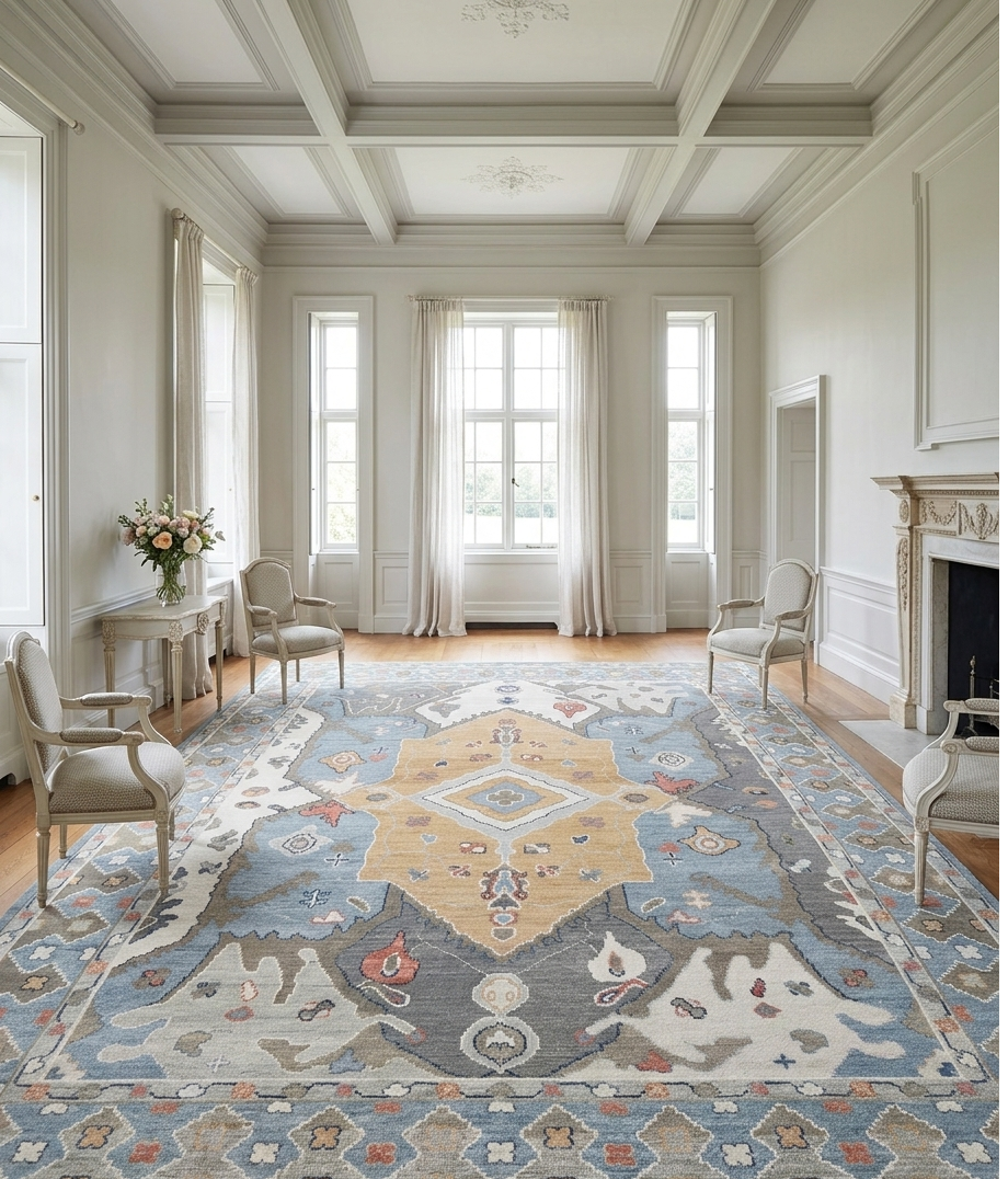 Blue Oushak Rug 8x10 – Hand Knotted Wool Turkish Vintage Area Rug