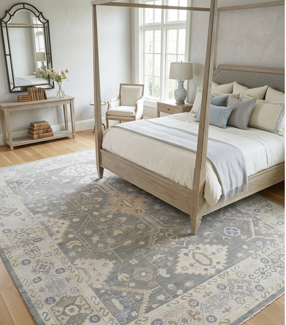 Hand Knotted Oushak Rug 8x10, Grey Vintage Turkish Wool Rug, Ivory Border Geometric Floral Carpet, Handmade Luxury Area Rug Custom