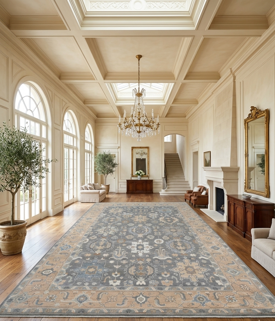 Hand Knotted Wool Oushak Rug, Gray Beige Blue Medallion Turkish Style Carpet 8x10