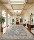 Hand Knotted Wool Oushak Rug, Gray Beige Blue Medallion Turkish Style Carpet 8x10