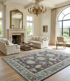 Hand Knotted Oushak Rug – Vintage Turkish Wool Carpet, Soft Green & Charcoal Medallion Design