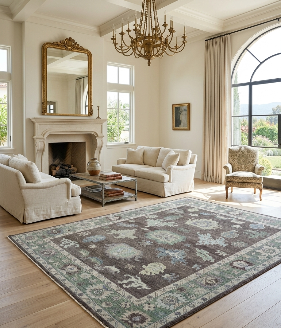 Hand Knotted Oushak Rug – Vintage Turkish Wool Carpet, Soft Green & Charcoal Medallion Design