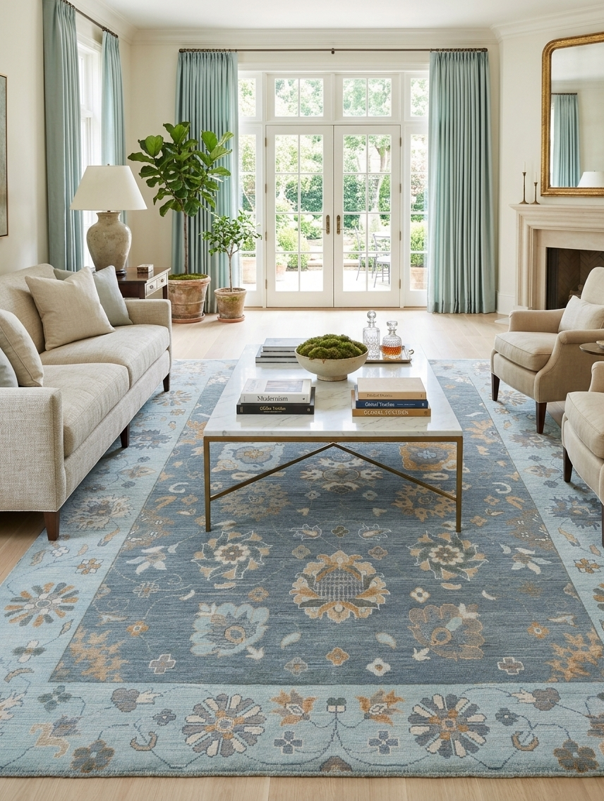 Blue & Ivory Vintage Turkish Style Carpet, Wool Handmade Oriental Area Rug, Floral Medallion Rug, Custom Size Rugs Regalia hand knotted rugs