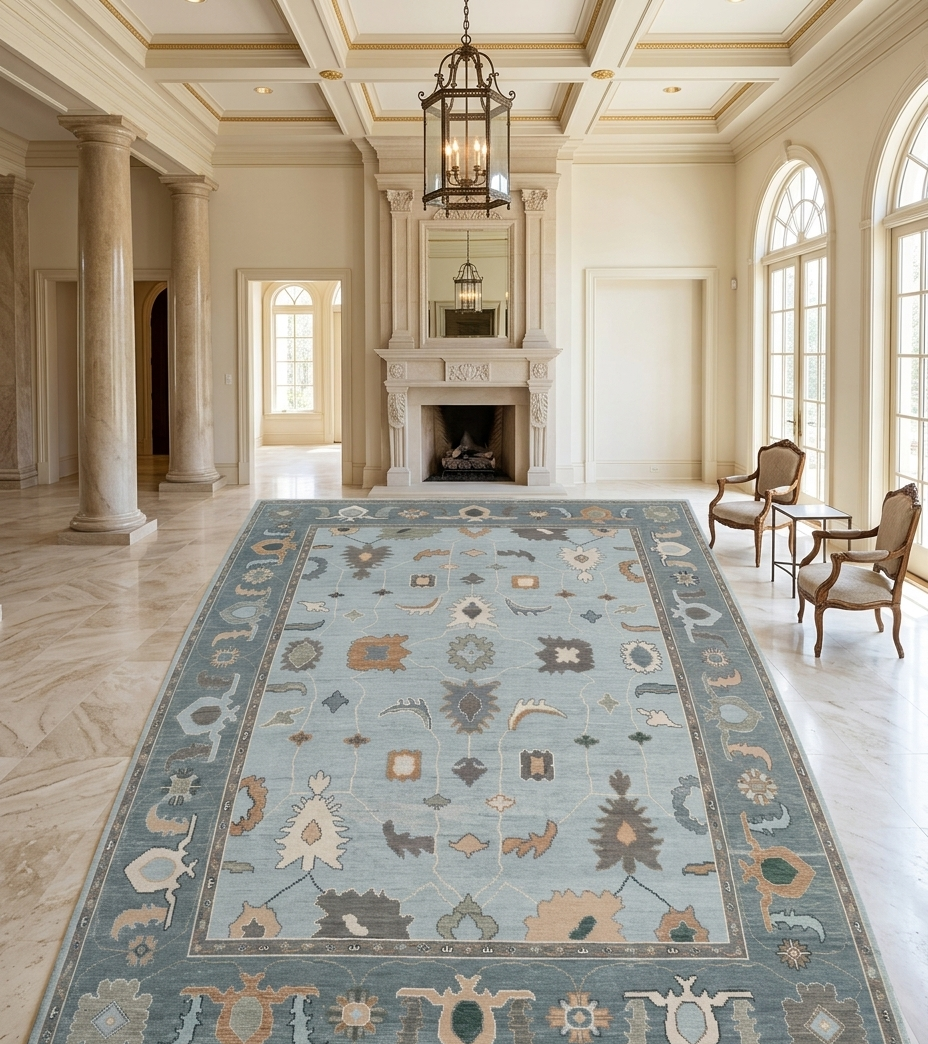 Light Blue Turkish Vintage Wool Carpet, Traditional Geometric Medallion Rug, Soft Pastel Handmade Area Rug for Living Room Bedroom